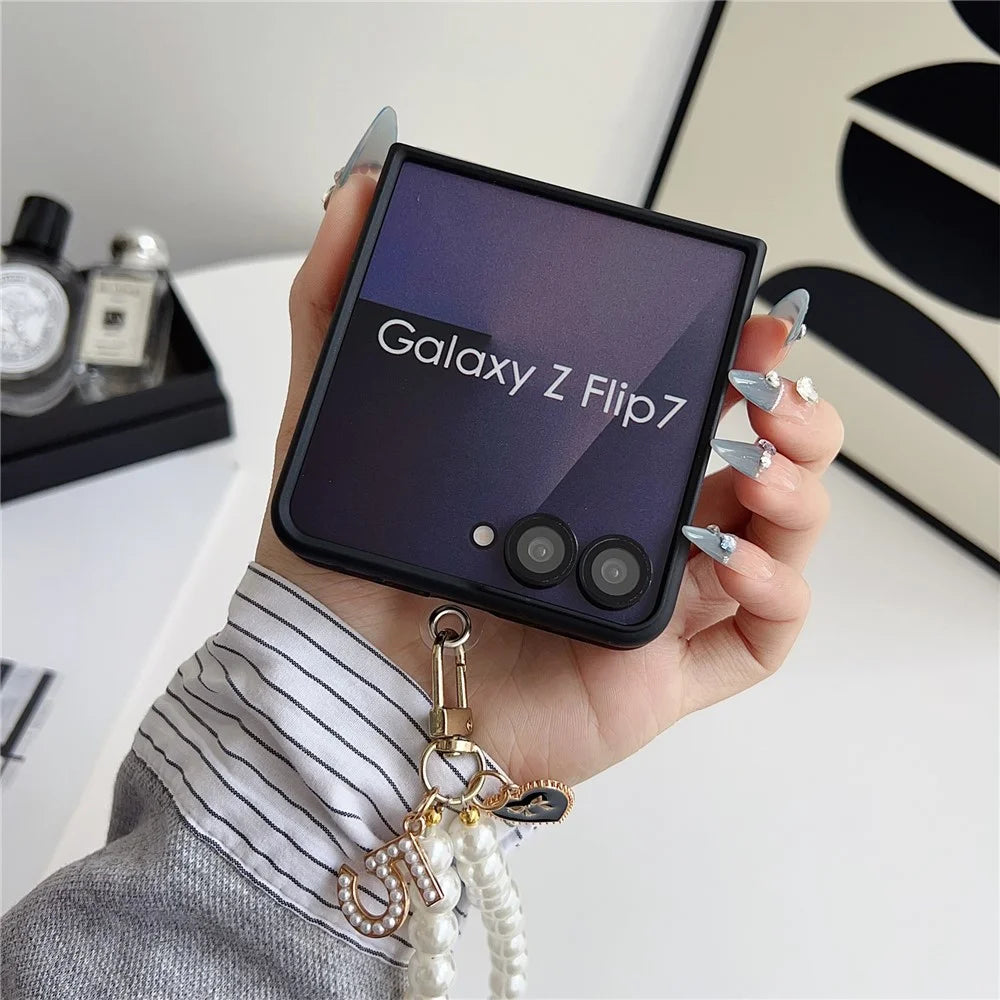 For Samsung Galaxy Z Flip7 5G Case Lucky Horse Decor Leather + PC Phone Cover with Pearl Chain Strap - Litchi - 4