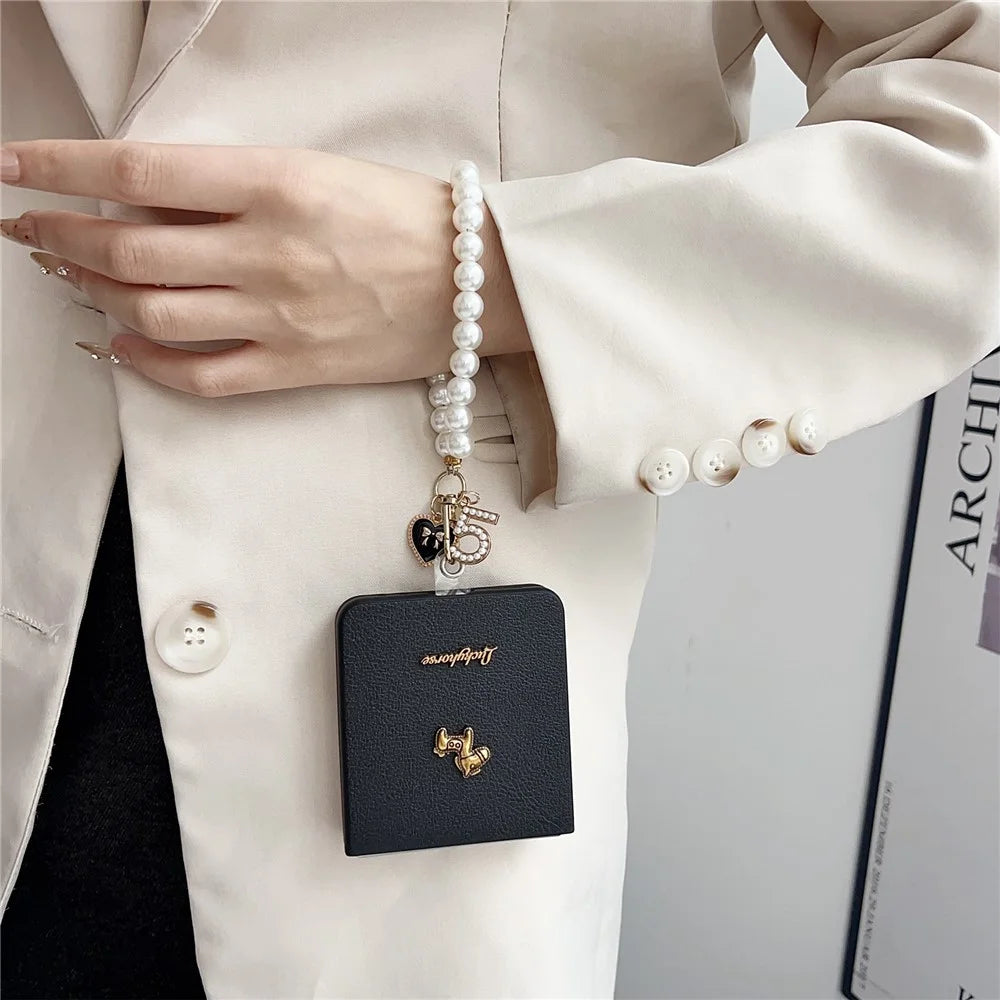For Samsung Galaxy Z Flip7 5G Case Lucky Horse Decor Leather + PC Phone Cover with Pearl Chain Strap - Litchi - 7