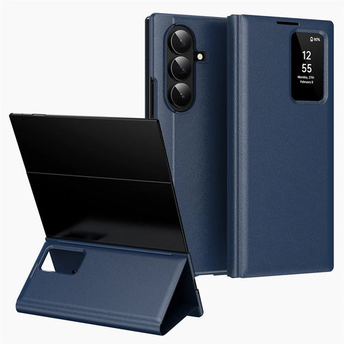 For Samsung Galaxy Z TriFold 5G Case with Card Holder Smart View Window Leather Phone Cover - Sapphire - 1