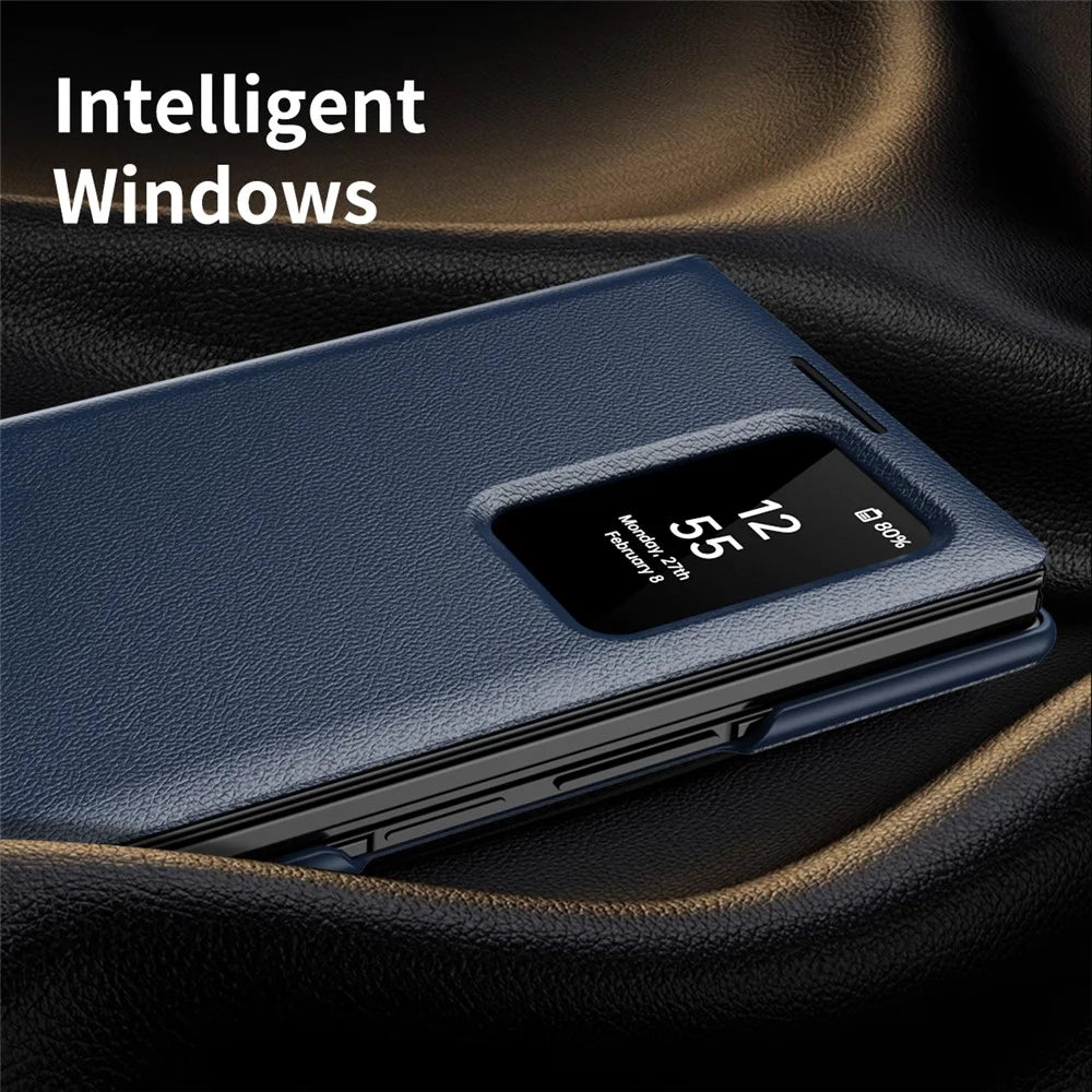 For Samsung Galaxy Z TriFold 5G Case with Card Holder Smart View Window Leather Phone Cover - Sapphire - 4