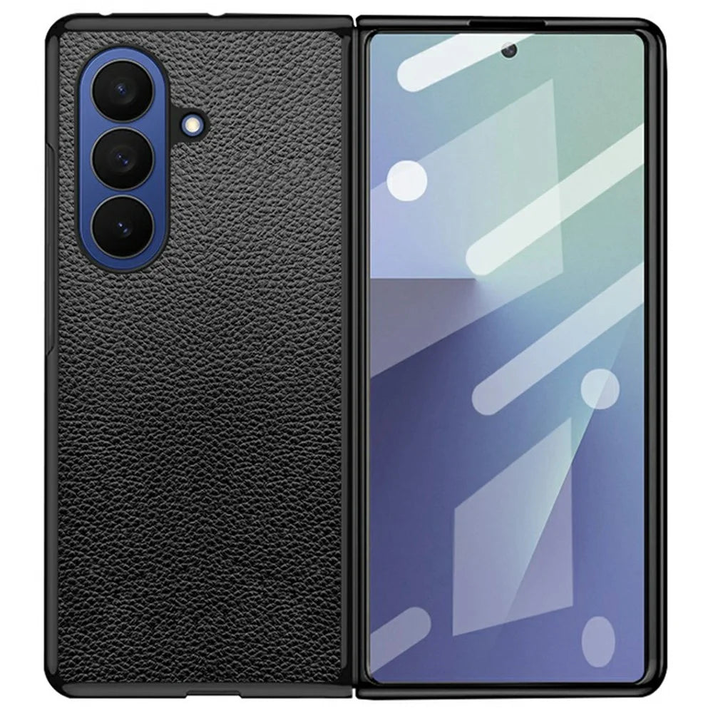 For Samsung Galaxy Z Fold7 5G Case Litchi Texture PU Leather Coated PC + TPU Protective Phone Back Cover - Black - 1