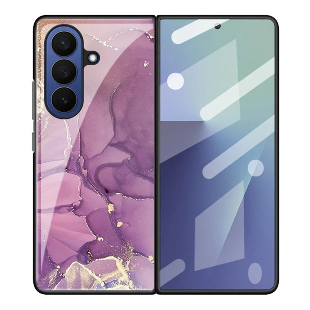 For Samsung Galaxy Z Fold7 5G Case Marble Pattern TPU PC Tempered Glass Anti-drop Phone Cover - Noble Purple Marble - 1