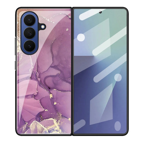 For Samsung Galaxy Z Fold7 5G Case Marble Pattern TPU PC Tempered Glass Anti-drop Phone Cover - Noble Purple Marble - 1