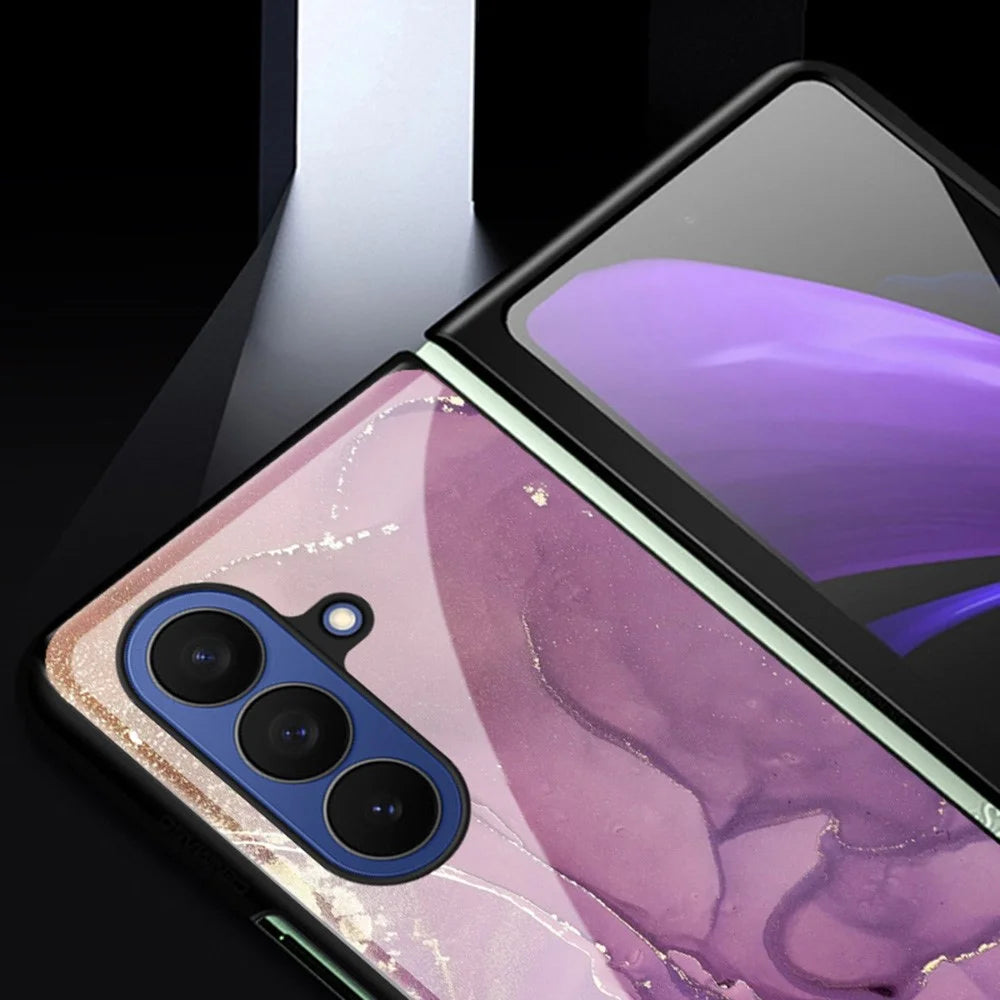 For Samsung Galaxy Z Fold7 5G Case Marble Pattern TPU PC Tempered Glass Anti-drop Phone Cover - Noble Purple Marble - 3
