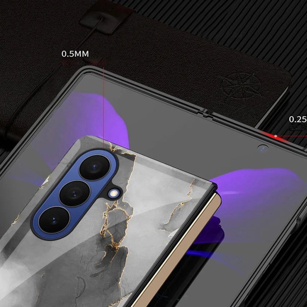 For Samsung Galaxy Z Fold7 5G Case Marble Pattern TPU PC Tempered Glass Anti-drop Phone Cover - Noble Purple Marble - 4