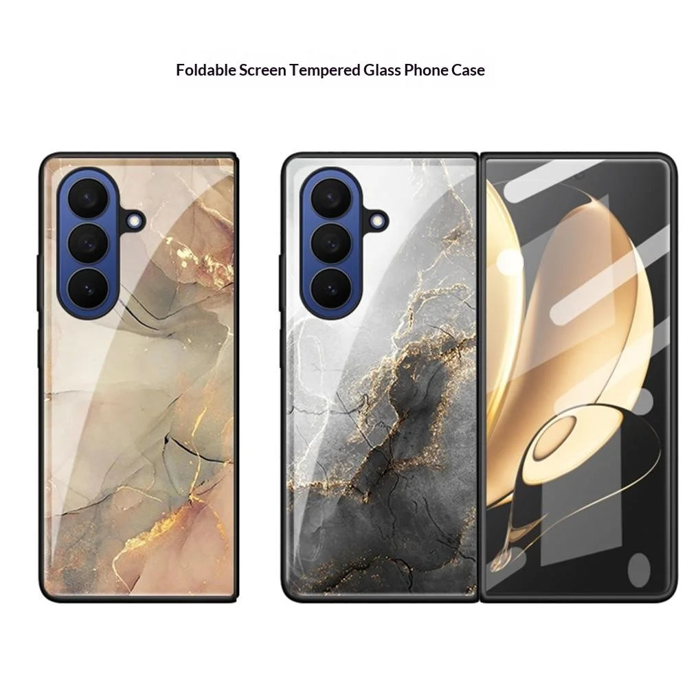 For Samsung Galaxy Z Fold7 5G Case Marble Pattern TPU PC Tempered Glass Anti-drop Phone Cover - Noble Purple Marble - 5