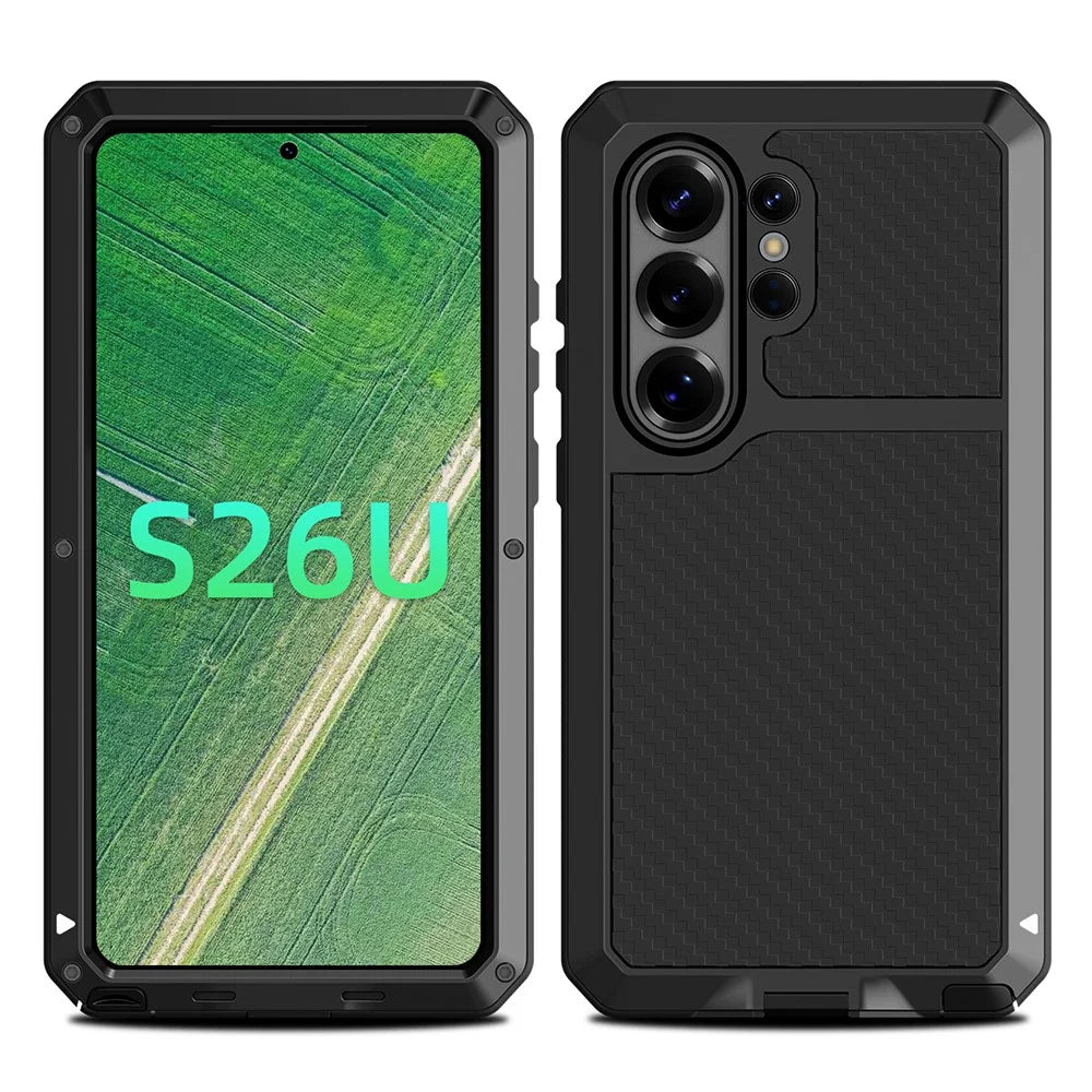 For Samsung Galaxy S26 Ultra Case Silicone + Metal Phone Cover with Tempered Glass Screen Protector - Black - 1
