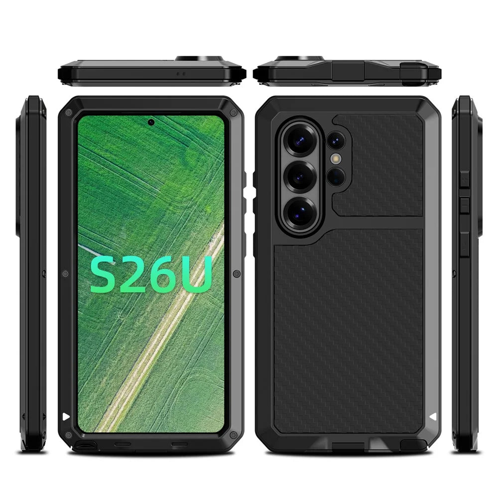 For Samsung Galaxy S26 Ultra Case Silicone + Metal Phone Cover with Tempered Glass Screen Protector - Black - 3