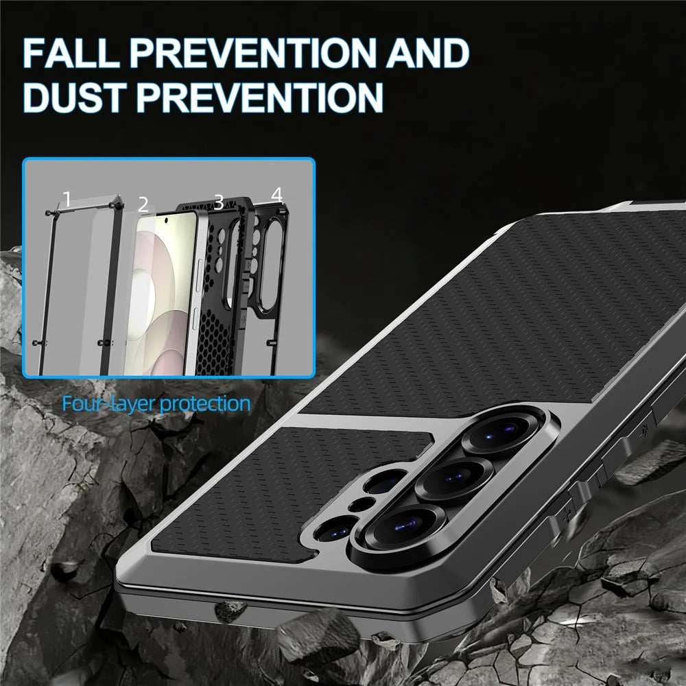 For Samsung Galaxy S26 Ultra Case Silicone + Metal Phone Cover with Tempered Glass Screen Protector - Black - 4