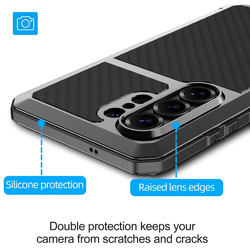 For Samsung Galaxy S26 Ultra Case Silicone + Metal Phone Cover with Tempered Glass Screen Protector - Black - 5