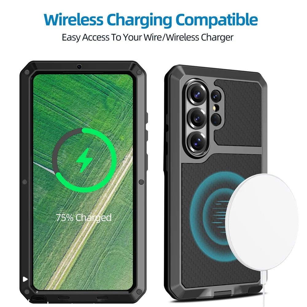 For Samsung Galaxy S26 Ultra Case Silicone + Metal Phone Cover with Tempered Glass Screen Protector - Black - 6