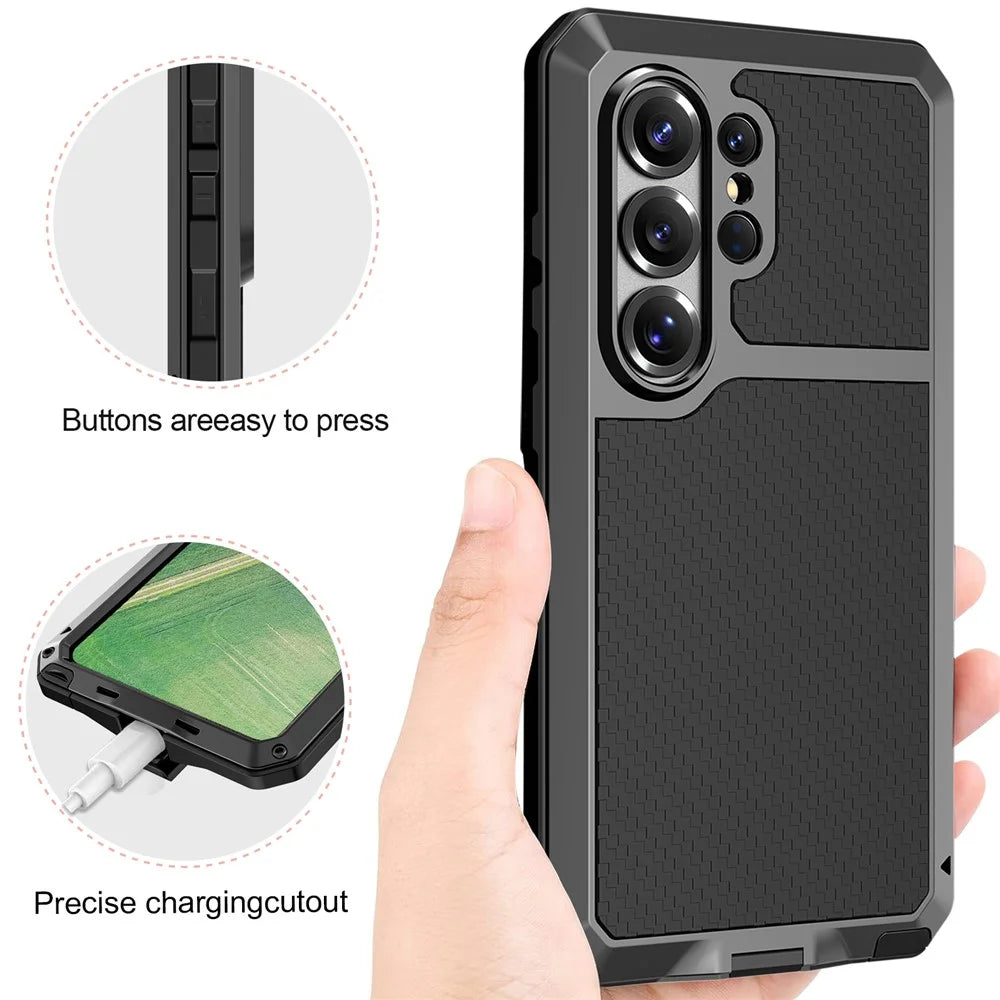 For Samsung Galaxy S26 Ultra Case Silicone + Metal Phone Cover with Tempered Glass Screen Protector - Black - 7