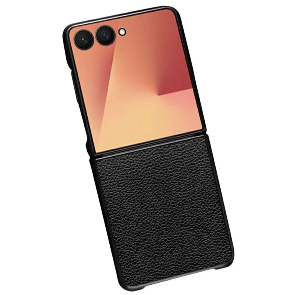 For Samsung Galaxy Z Flip7 5G Case Litchi Texture PU Leather Coated PC + TPU Protective Phone Back Cover - Black - 1