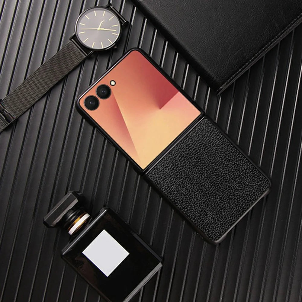 For Samsung Galaxy Z Flip7 5G Case Litchi Texture PU Leather Coated PC + TPU Protective Phone Back Cover - Black - 5