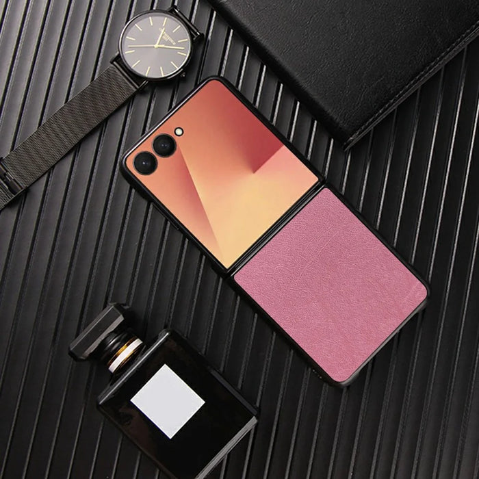 For Samsung Galaxy Z Flip7 5G Case Silk-Textured PU Leather Coated PC TPU Protective Phone Back Cover - Pink - 5