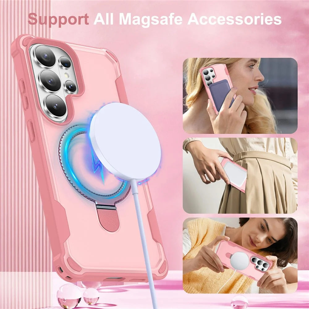 For Samsung Galaxy S26 Ultra Magnetic Case Kickstand TPU + PC Shockproof Phone Back Cover - Pink - 5