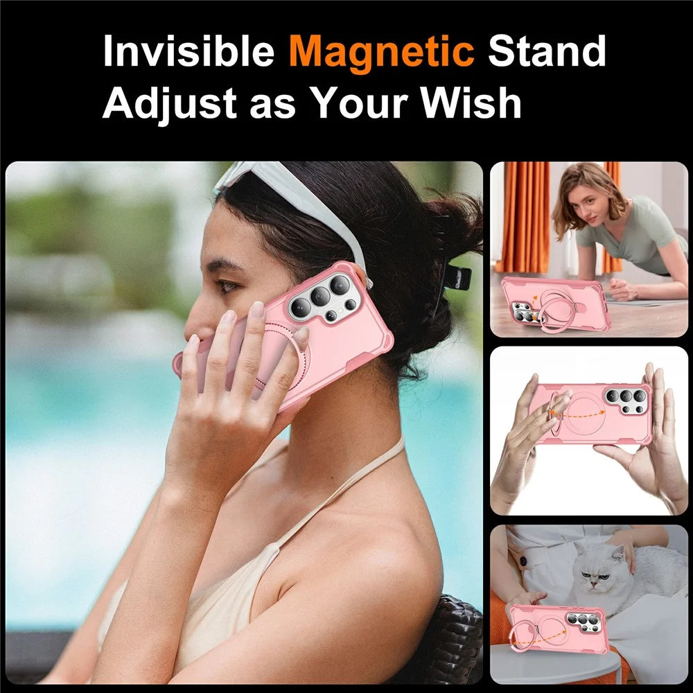 For Samsung Galaxy S26 Ultra Magnetic Case Kickstand TPU + PC Shockproof Phone Back Cover - Pink - 7