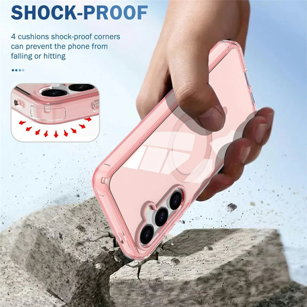 For Samsung Galaxy S26 Magnetic Case PC + TPU Clear Phone Cover with PET Screen Film - Pink - 5