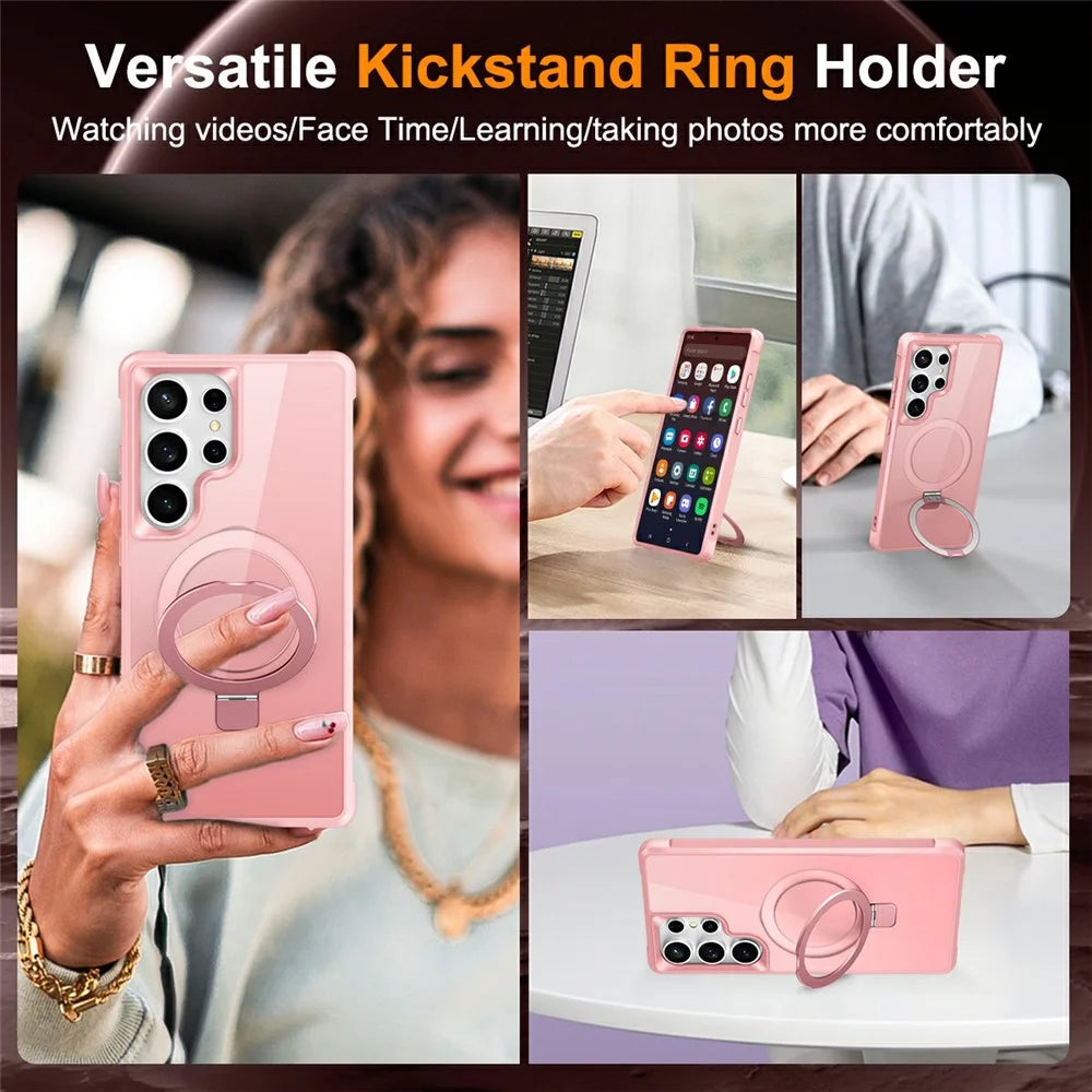 For Samsung Galaxy S26 Ultra Magnetic Case Ring Holder Kickstand TPU + PC Phone Cover - Pink - 4