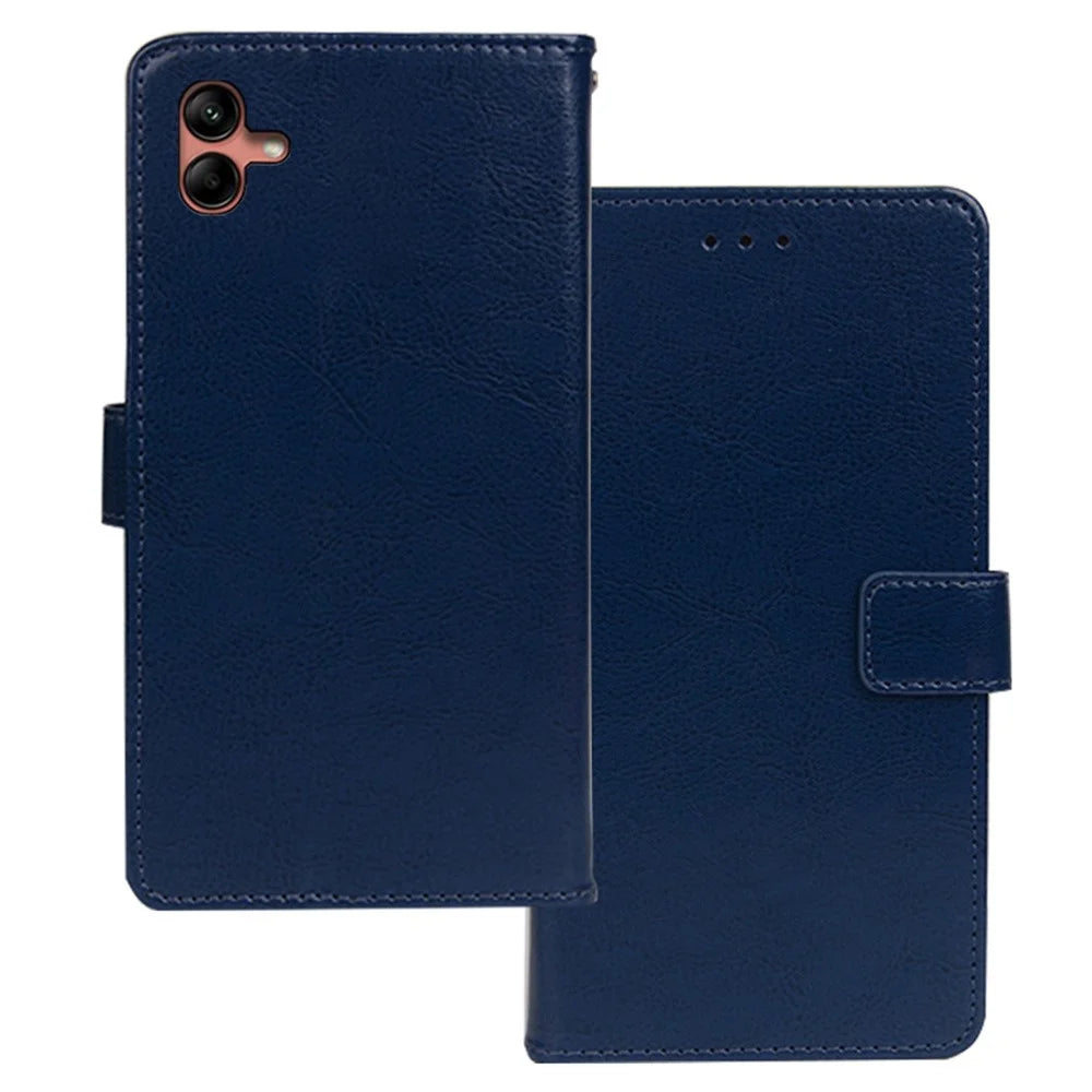 IDEWEI For Samsung Galaxy A04 4G (164.4 x 76.3 x 9.1 mm) PU Leather Flip Case Stand Function Magnetic Closure Wallet Crazy Horse Texture Phone Cover - Blue - 1