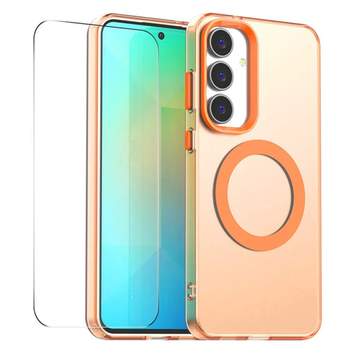 ENKAY HAT PRINCE For Samsung Galaxy S25 Case with 0.18mm High Aluminium-silicon Glass Film PC TPU Magnetic Back Cover - Orange - 1