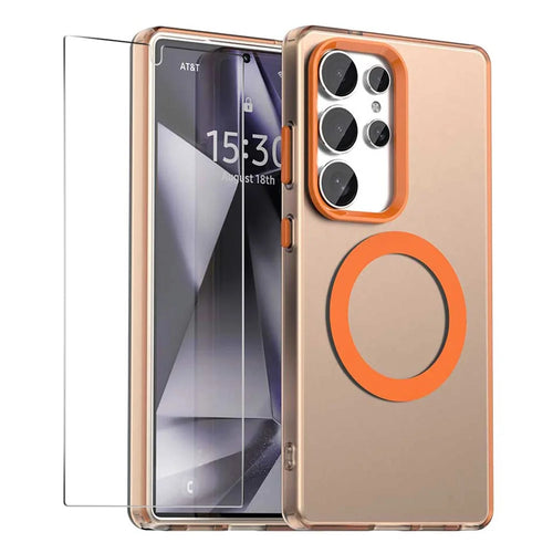 ENKAY HAT PRINCE For Samsung Galaxy S24 Ultra Case with 0.18mm High Aluminium-silicon Glass Film PC TPU Magnetic Back Cover - Orange - 1