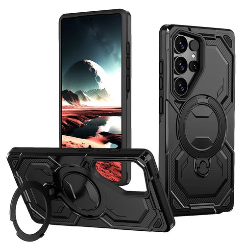 For Samsung Galaxy S26 Ultra Magnetic Case Ring Kickstand PC + TPU Hybrid Phone Cover - Black - 1
