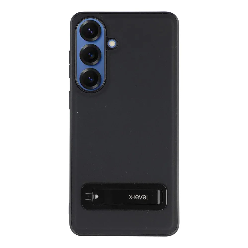 X-LEVEL For Samsung Galaxy S26 Case Leather Coated PC TPU Phone Back Cover with Metal Kickstand - Black - 1