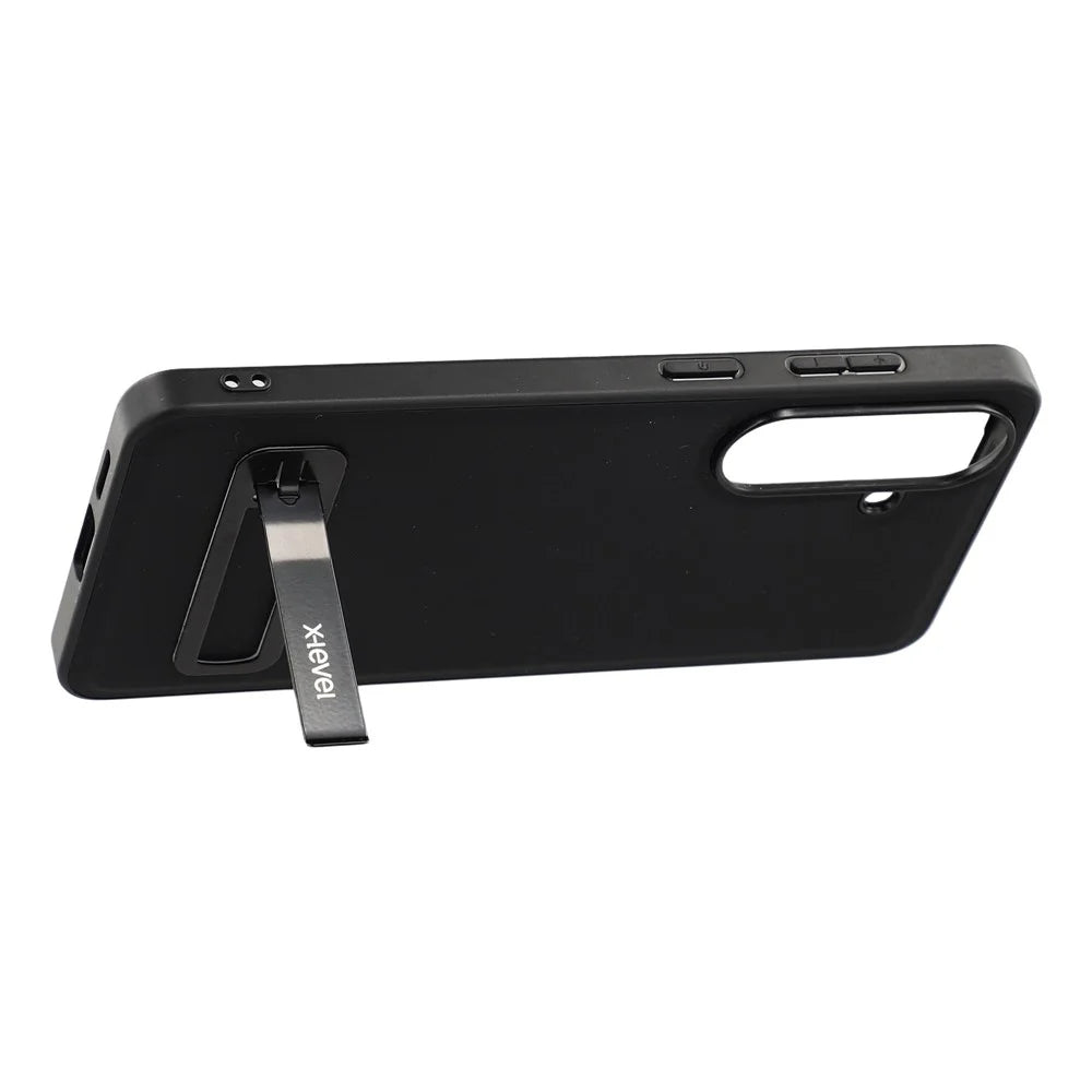 X-LEVEL For Samsung Galaxy S26 Case Leather Coated PC TPU Phone Back Cover with Metal Kickstand - Black - 3