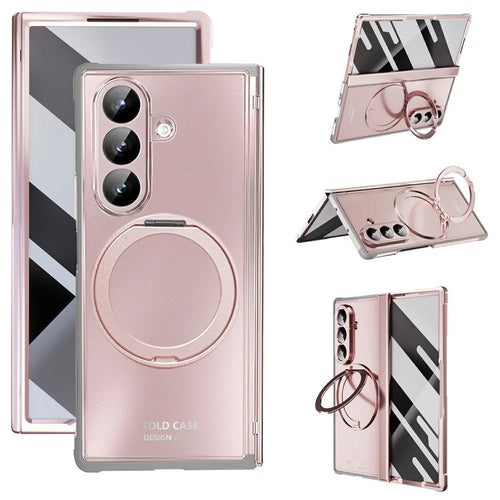 For Samsung Galaxy Z Fold7 5G Case Rotating Ring Kickstand Electroplated PC TPU Phone Cover with Tempered Glass Film - Pink - 1