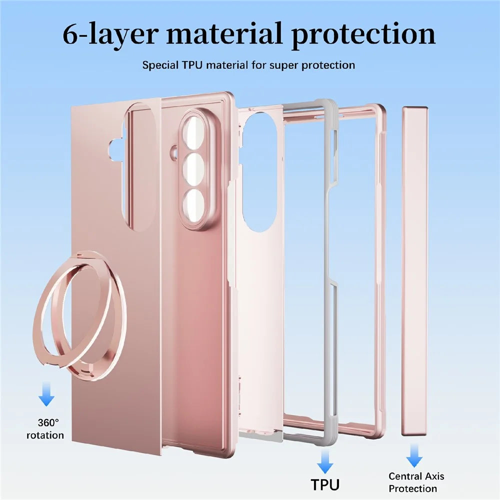 For Samsung Galaxy Z Fold7 5G Case Rotating Ring Kickstand Electroplated PC TPU Phone Cover with Tempered Glass Film - Pink - 3