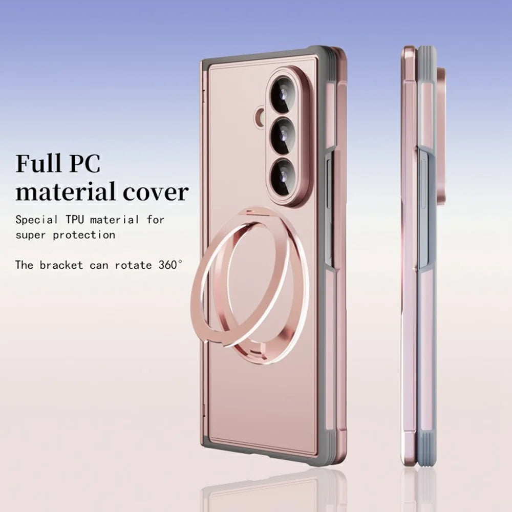 For Samsung Galaxy Z Fold7 5G Case Rotating Ring Kickstand Electroplated PC TPU Phone Cover with Tempered Glass Film - Pink - 4