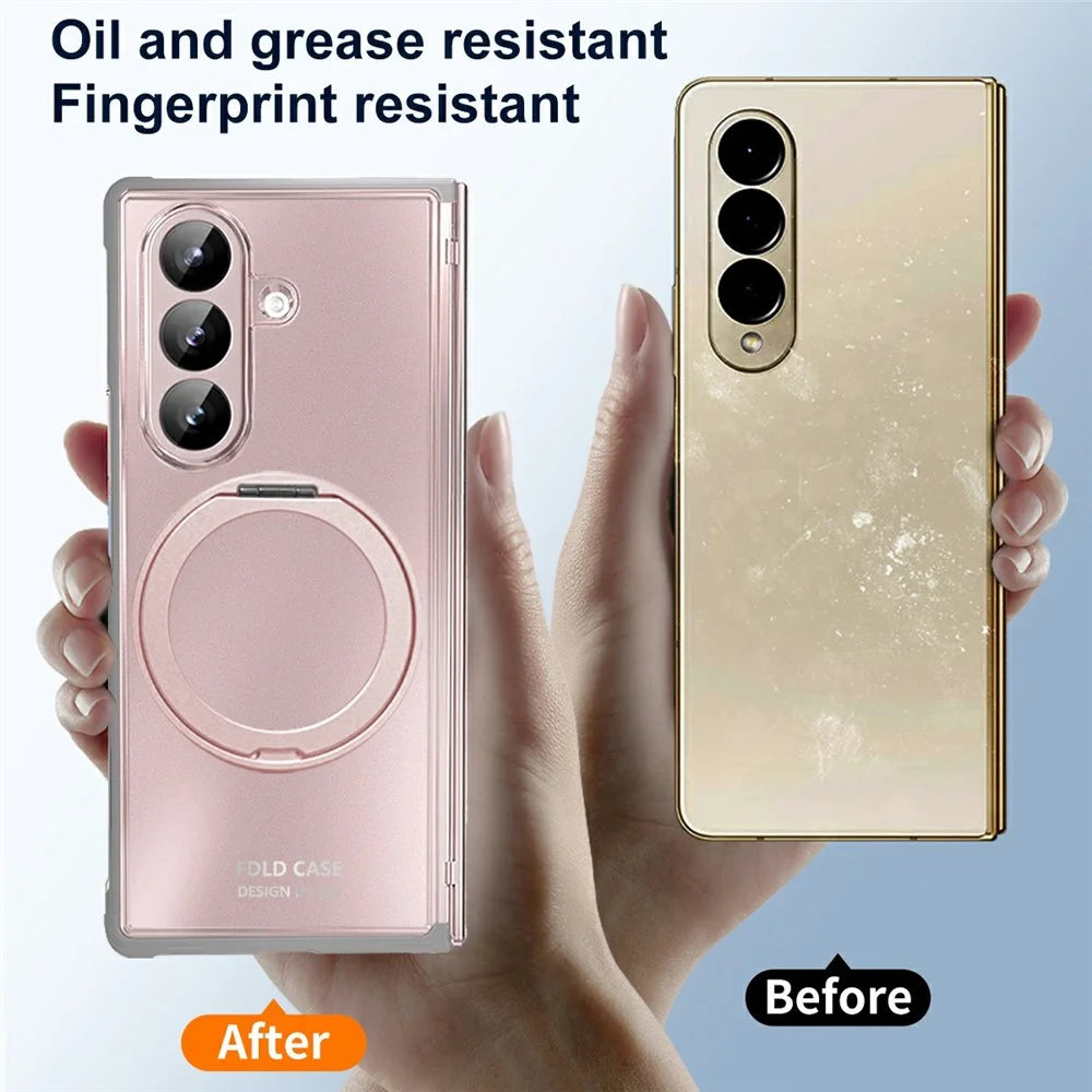 For Samsung Galaxy Z Fold7 5G Case Rotating Ring Kickstand Electroplated PC TPU Phone Cover with Tempered Glass Film - Pink - 5