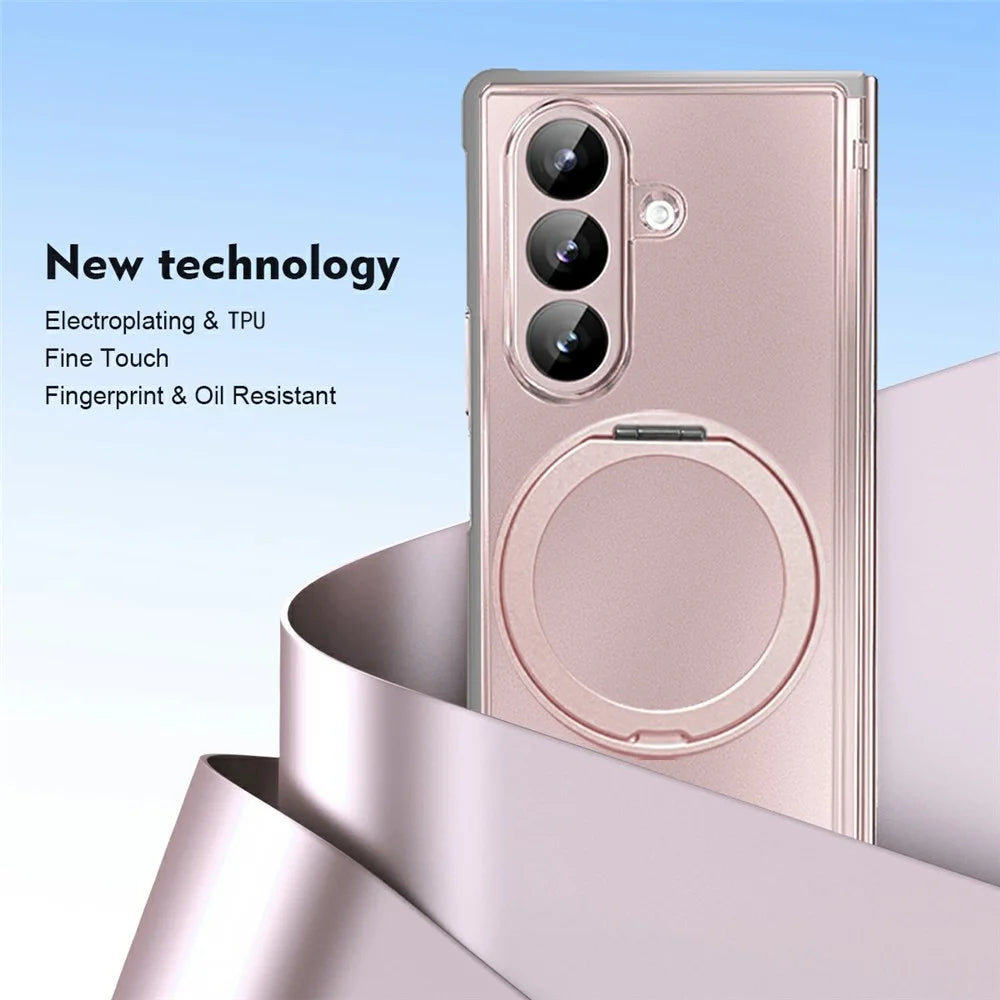 For Samsung Galaxy Z Fold7 5G Case Rotating Ring Kickstand Electroplated PC TPU Phone Cover with Tempered Glass Film - Pink - 6