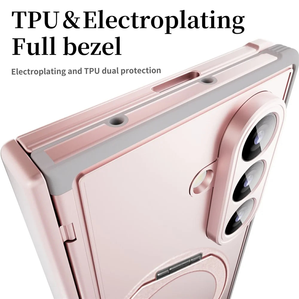 For Samsung Galaxy Z Fold7 5G Case Rotating Ring Kickstand Electroplated PC TPU Phone Cover with Tempered Glass Film - Pink - 7