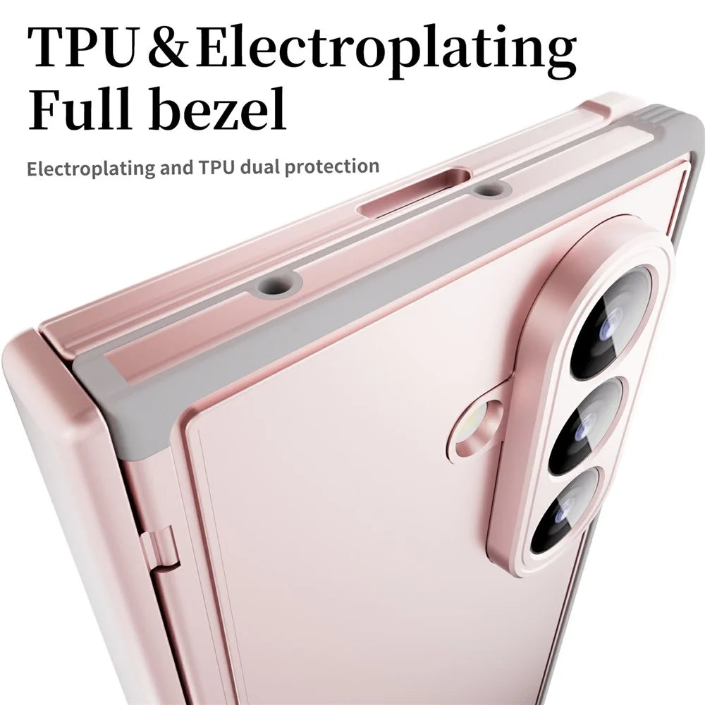 For Samsung Galaxy Z Fold7 5G Case Electroplated PC TPU Phone Cover with Tempered Glass Film - Pink - 7