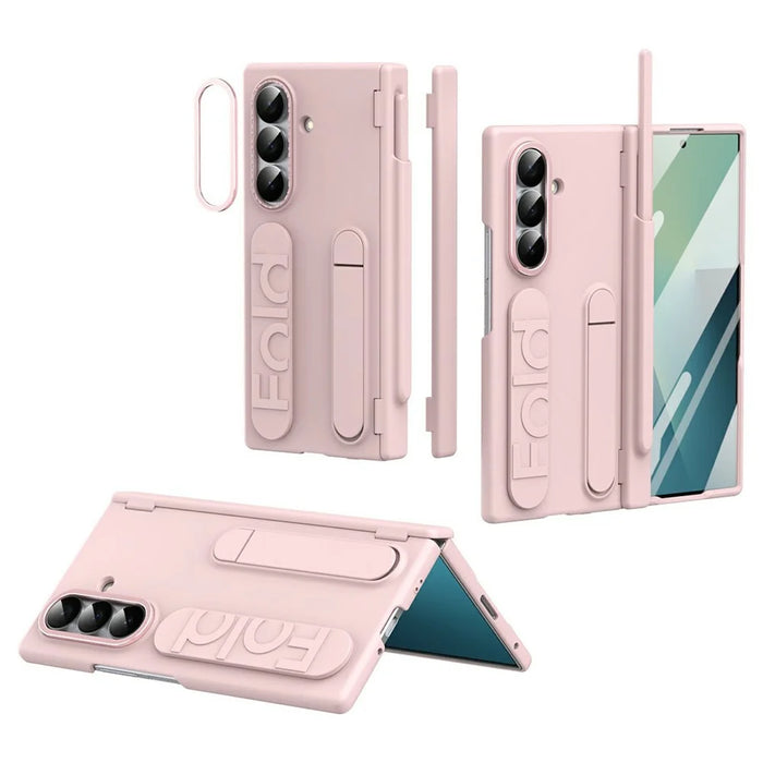 For Samsung Galaxy Z Fold7 5G Case Kickstand Dual Hinge PC Phone Cover with Tempered Glass Film / Stylus - Pink - 1