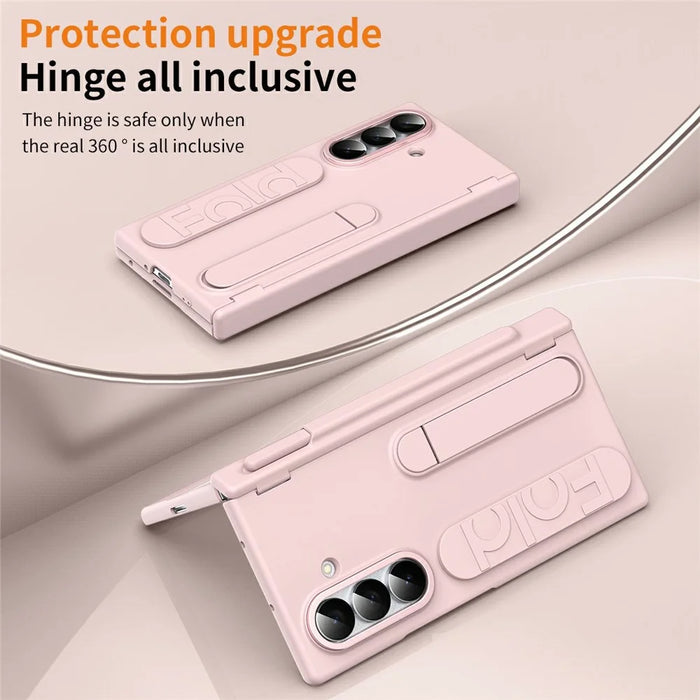 For Samsung Galaxy Z Fold7 5G Case Kickstand Dual Hinge PC Phone Cover with Tempered Glass Film / Stylus - Pink - 3
