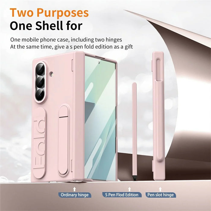 For Samsung Galaxy Z Fold7 5G Case Kickstand Dual Hinge PC Phone Cover with Tempered Glass Film / Stylus - Pink - 6