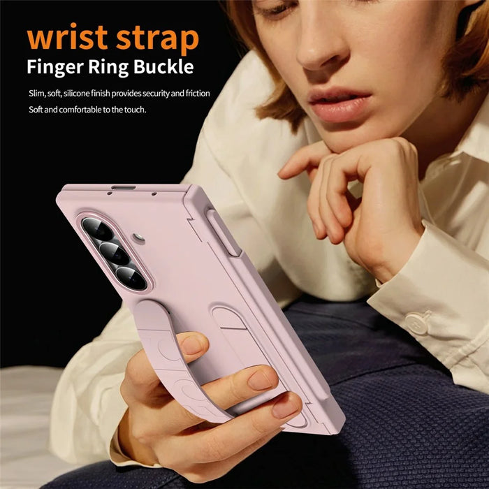 For Samsung Galaxy Z Fold7 5G Case Kickstand Dual Hinge PC Phone Cover with Tempered Glass Film / Stylus - Pink - 7