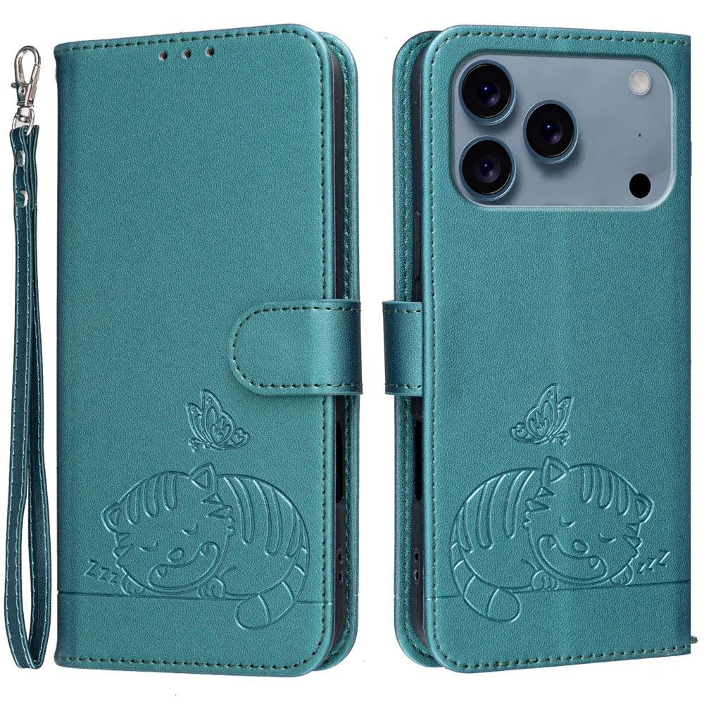 For iPhone 18 Pro / 17 Pro Case RFID Blocking Wallet Stand Imprinted Cat Pattern Leather Flip Phone Cover with Wrist Strap - Dark Green - 1