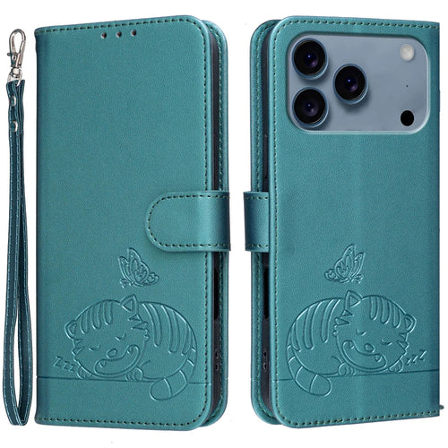 For iPhone 18 Pro / 17 Pro Case RFID Blocking Wallet Stand Imprinted Cat Pattern Leather Flip Phone Cover with Wrist Strap - Dark Green - 1