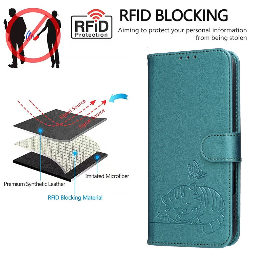 For iPhone 18 Pro / 17 Pro Case RFID Blocking Wallet Stand Imprinted Cat Pattern Leather Flip Phone Cover with Wrist Strap - Dark Green - 2