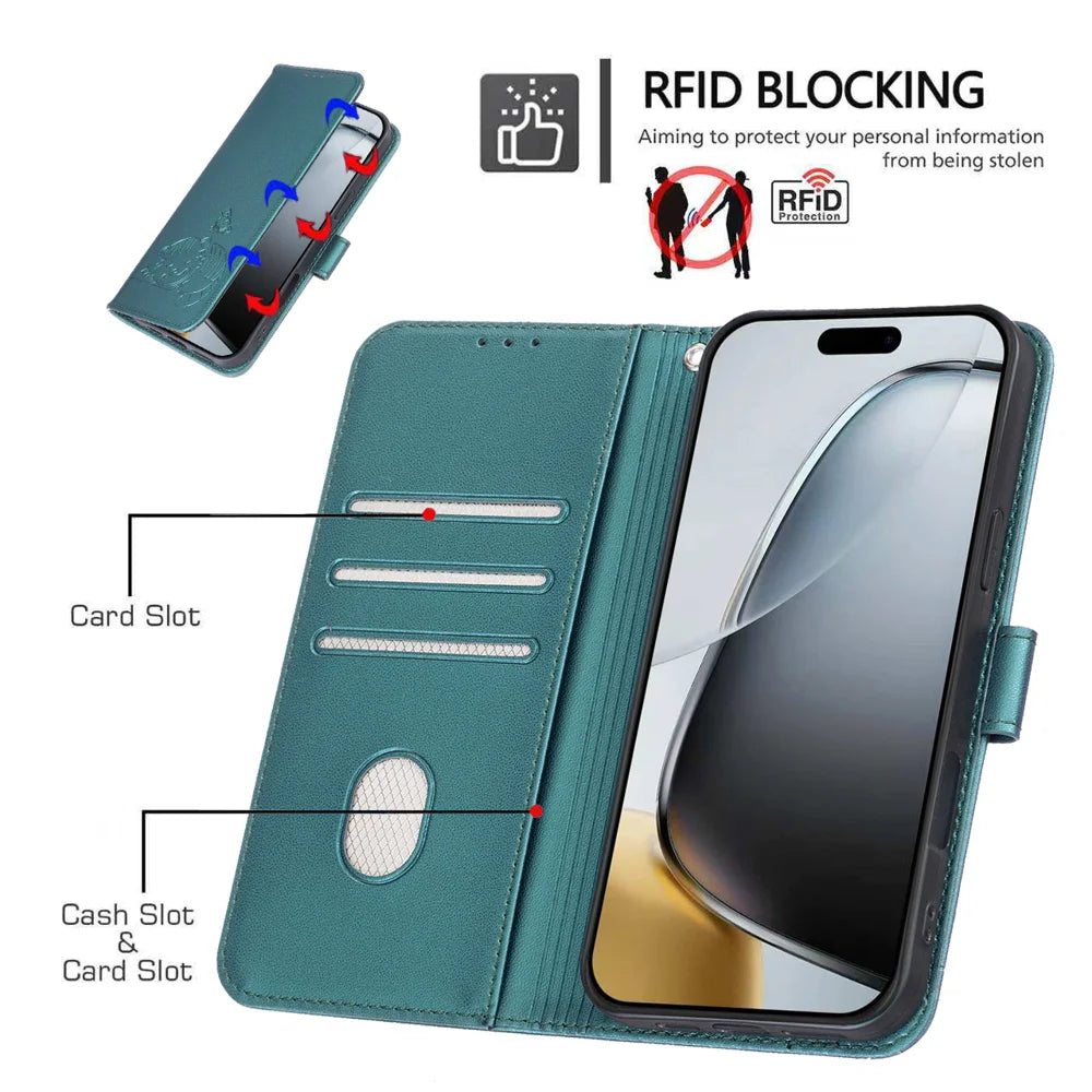 For iPhone 18 Pro / 17 Pro Case RFID Blocking Wallet Stand Imprinted Cat Pattern Leather Flip Phone Cover with Wrist Strap - Dark Green - 3
