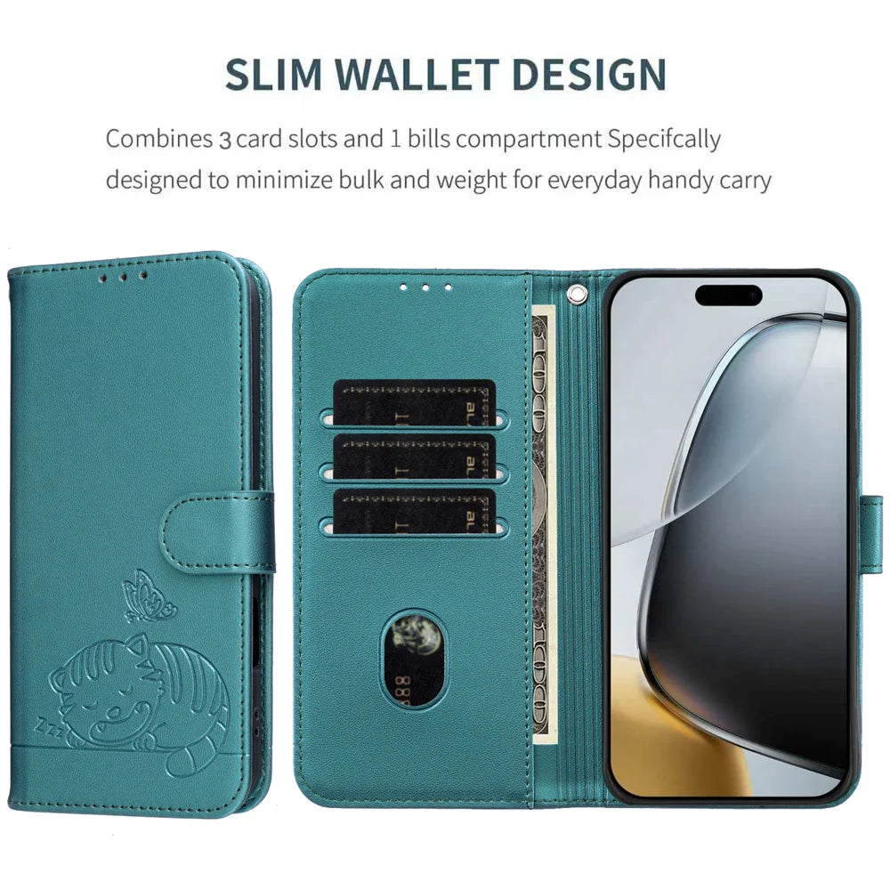 For iPhone 18 Pro / 17 Pro Case RFID Blocking Wallet Stand Imprinted Cat Pattern Leather Flip Phone Cover with Wrist Strap - Dark Green - 4