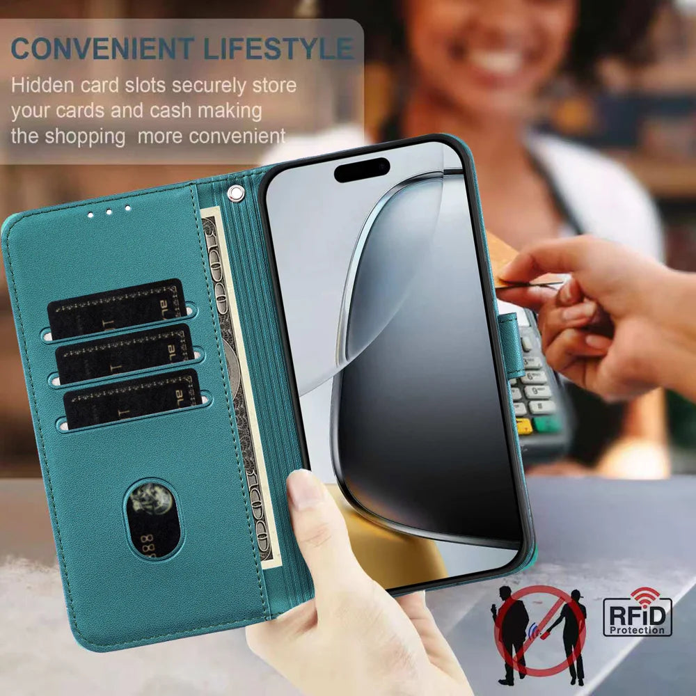 For iPhone 18 Pro / 17 Pro Case RFID Blocking Wallet Stand Imprinted Cat Pattern Leather Flip Phone Cover with Wrist Strap - Dark Green - 6