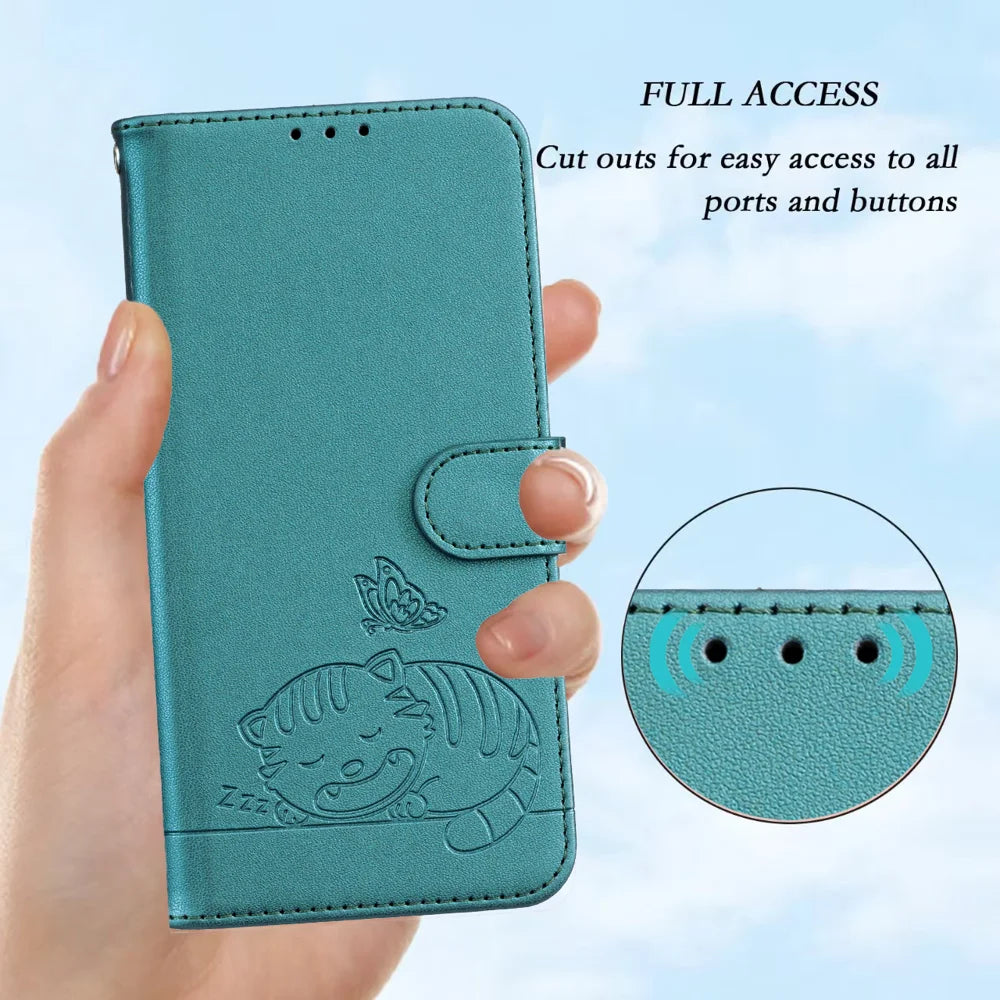 For iPhone 18 Pro / 17 Pro Case RFID Blocking Wallet Stand Imprinted Cat Pattern Leather Flip Phone Cover with Wrist Strap - Dark Green - 7