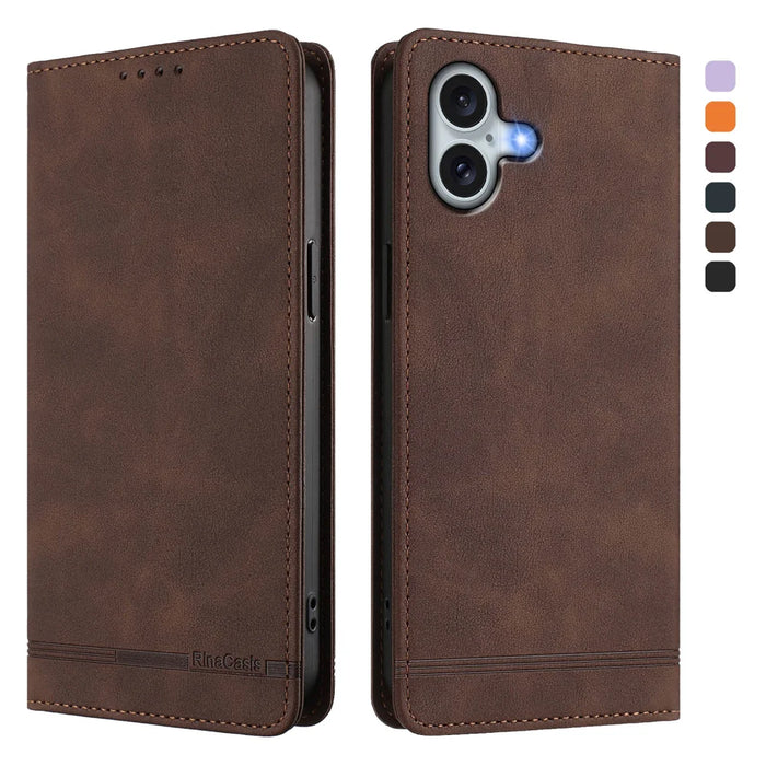 For iPhone 16 Plus Case RINACASIS RC23 RFID Blocking Wallet Stand PU Leather Phone Cover - Brown - 1