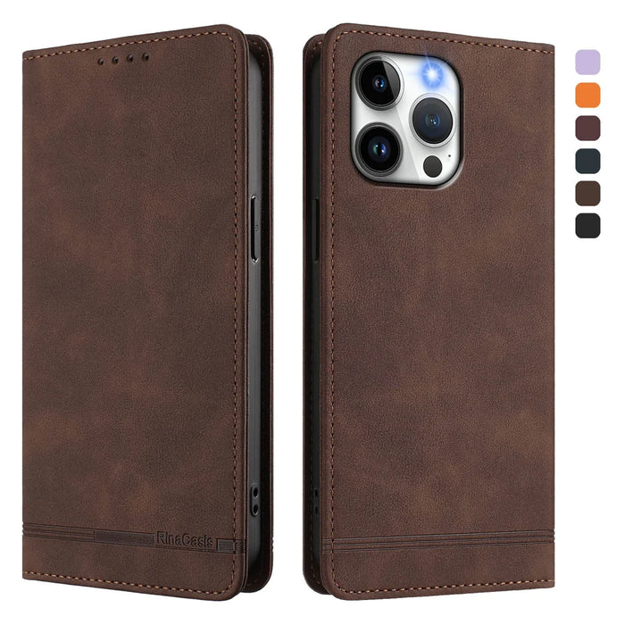 For iPhone 15 Pro Max Case RINACASIS RC23 RFID Blocking Wallet Stand PU Leather Phone Cover - Brown - 1