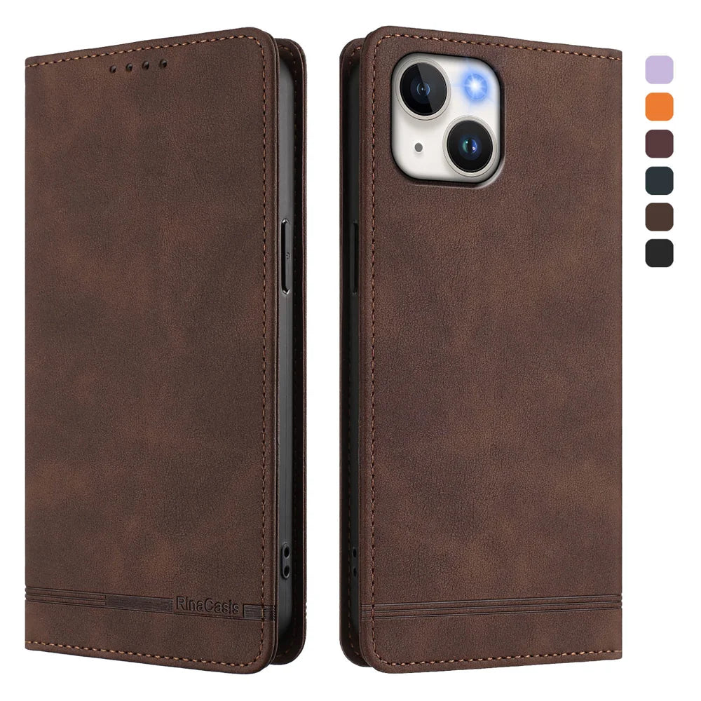 For iPhone 15 Case RINACASIS RC23 RFID Blocking Wallet Stand PU Leather Phone Cover - Brown - 1